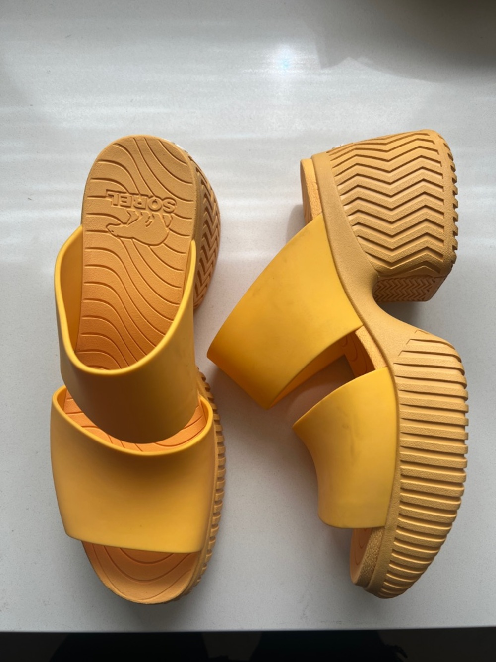 Sorel Yellow Platform Slide Sandals